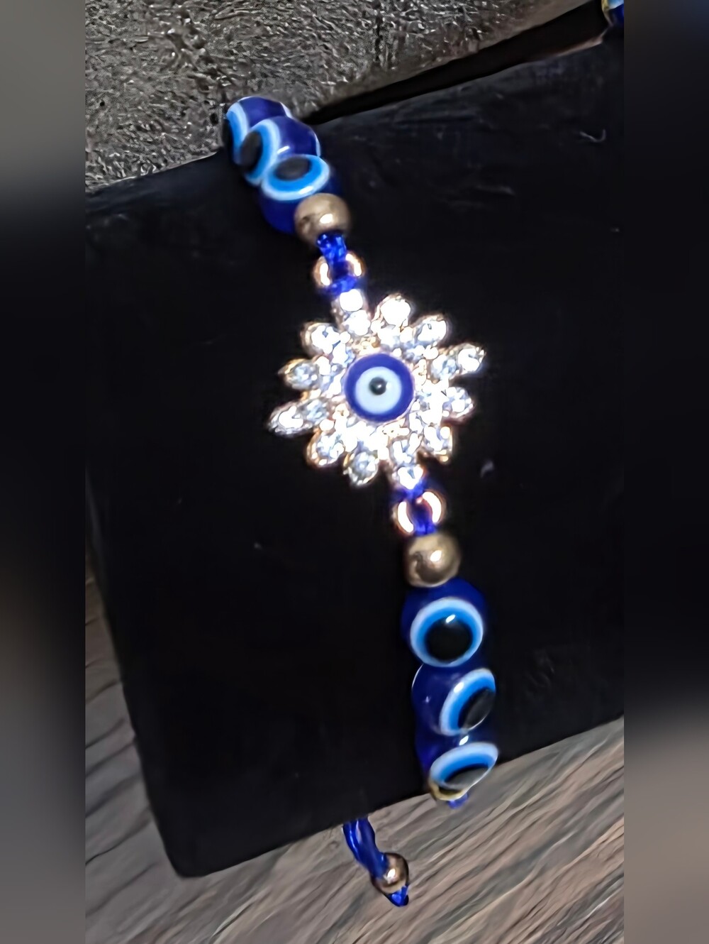 Hand Crafted Crystal Blue Evil Eye Adjustable Bracelet with Gold Accents NWOT